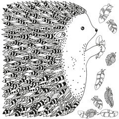 Artistically Ornamental Prickly Hedgehog And Feathers Hand Drawn Ethnic Floral Retro
