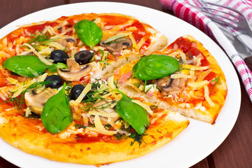 Pizza with Mushroom, Cheese, Mozzarella, Olives and Basil