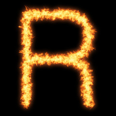Capital letter R with fire on black background- Helvetica font based