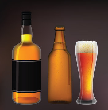 whiskey and bottle of beer with a glass