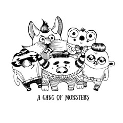 Cute character monsters drawn in ink. Vector illustration. Sketch .
