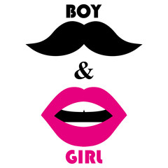 Pink lips and a black mustache. Man and woman symbols on a white background