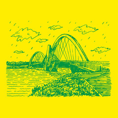 Juscelino Kubitschek Bridge, also called President JK Bridge or JK Bridge. Steel and concrete bridge crossing Lake Paranoa in Brasilia, Brazil. Freehand drawn sketch. Vector illustration