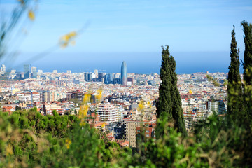 Aerial view of Barcelona with some trees in foreground and shallow depth of field.