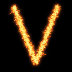 Fototapeta na wymiar Capital letter V with fire on black background- Helvetica font based