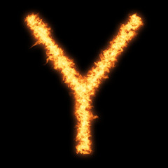 Capital letter Y with fire on black background- Helvetica font based
