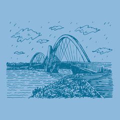 Juscelino Kubitschek Bridge, also called President JK Bridge or JK Bridge. Steel and concrete bridge crossing Lake Paranoa in Brasilia, Brazil. Freehand drawn sketch. Vector illustration
