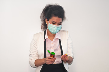 Business woman wear mask cover and take medicine