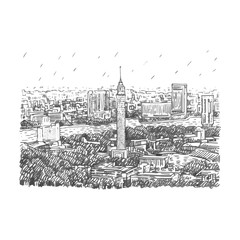 Cairo Tower in Egypt with the Nile River view. Hand drawn sketch. Vector illustration