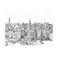 View of the Mosques of Sultan Hassan and Al-Rifai in Cairo, Egypt. Hand drawn sketch. Vector illustration