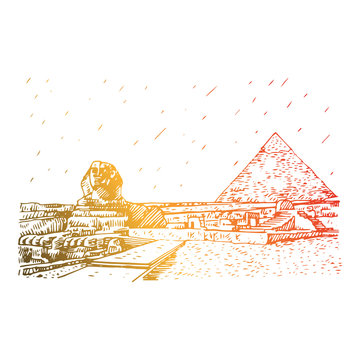 The Great Sphinx and pyramid in Giza, Cairo, Egypt. Hand drawn sketch. Vector illustration