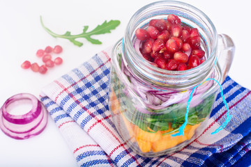 Salad with Pumpkin, Arugula and Red Onion in Glass Jar