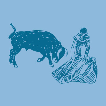 recommend clip art: Corrida, bullfighting in Spain. A bullfighter awaiting for the bull. Hand drawn pencil sketch. Vector illustration