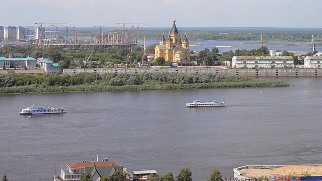 Nizhny Novgorod,Russia. View of the Alexander Nevsky Cathedral and the construction of a football stadium