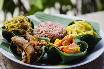 vegetarian curry and brown rice meal in bali indonesia