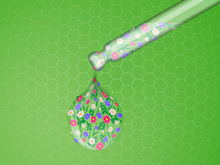 dropper with falling drop with flowers and herbs