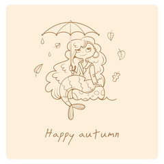 Greeting card with little cutr cartoon mermaid under umbrella. Autumn season. Rainy weather. Leaf fall. Children's illustration. Vector contour image. Beautiful fairy girl.