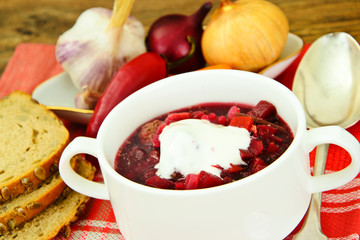 Healthy and Diet Food: Soup with Beetroot and Dumplings