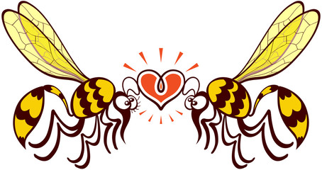 Impressive couple of wasps flying, staring at each other and forming a shiny heart with their antennae