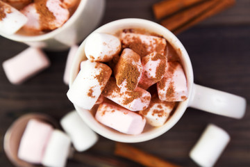 Hot cocoa drink with marshmallows and cinnamon on the dark wooden table