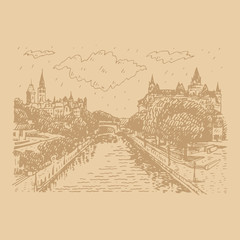 View of Rideau Canal and The Parliament of Canada, Ottawa. Hand drawn sketch. Vector illustration