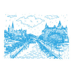 View of Rideau Canal and The Parliament of Canada, Ottawa. Hand drawn sketch. Vector illustration