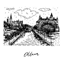 View of Rideau Canal and The Parliament of Canada, Ottawa. Hand drawn sketch. Vector illustration