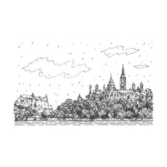 View of Parliament Hill and the Fairmount Chateau in Ottawa, Canada. Hand drawn sketch. Vector illustration