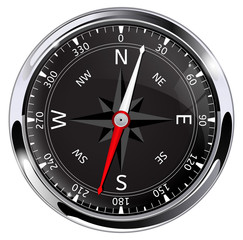 Compass. Round modern navigation device in chrome frame