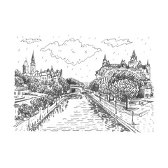 View of Rideau Canal and The Parliament of Canada, Ottawa. Hand drawn sketch. Vector illustration