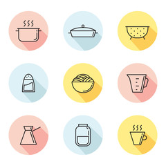 Crockery and cooking multicolored circle icons set. Clean and simple outline design. Part two.