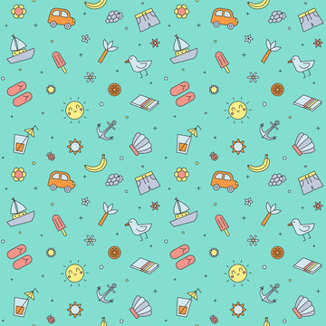 Summer beach multicolored seamless pattern (blue). Summer time. Clean and simple outline design.