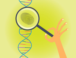 DNA fingerprinting and testing conceptual illustration. Hand with magnifier makes genetic research