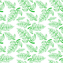 Green Branch with leaves. Seamless Pattern on white background.