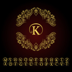 Vintage gold monogram. Abstract logo, alphabet . Vector template in trendy mono Line style. Letter emblem K. Design decor for company logo, Restaurant, Royalty, Boutique, Cafe, Hotel, cosmetics