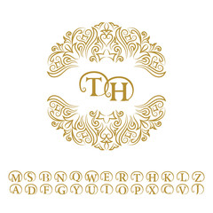 Vintage monogram. Abstract logo, alphabet. Letter emblem T, H. Line art ornament for design template. Outline circle pattern for wedding invitations, greeting cards, certificate. Vector golden frame.