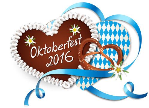 Oktoberfest 2016 - Lebkuchenherz mit Schriftzug, Brezel, Karte und herzförmig geschwungenem Band