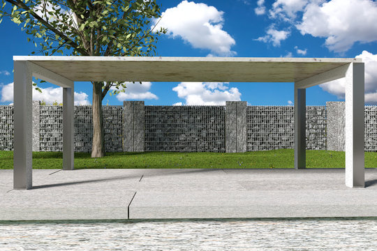3d rendering of green garden with gabione and stone plates