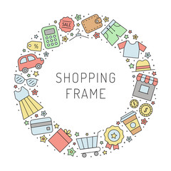 Shopping multicolored circle frame illustration (background). Clean and simple outline design. Part one.