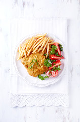 Wiener Schnitzel with French Fires and Tomatoes