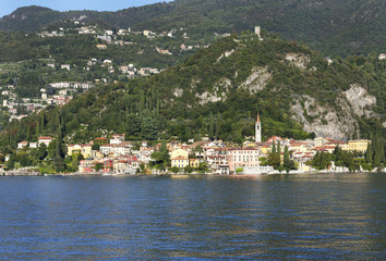 Fototapeta na wymiar Beautiful landscape with the old town of Varenna seen from the ferry. Italy, september 2015
