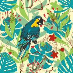 Nature seamless pattern. Tropical plants, leaves and colorful bi