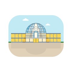 Shopping center with round roof and modern glass facade. Shops stores and supermarket buildings. Cartoon flat vector illustration. Objects isolated on a background.
