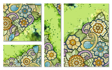 Floral card. Vector template corporate identity. Business artworks with watercolor splash. Background for web, printed media design. Banner, business card, flyer, invitation, greeting card, postcard.