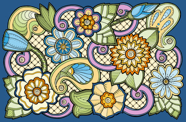 Floral card.  Hand drawn artwork with abstract flowers. Background for web, printed media design. Banner, business card, flyer, invitation, greeting card, postcard.