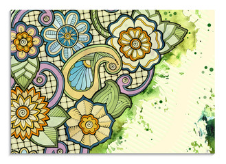 Floral card. Vector template corporate identity. Business artworks with watercolor splash. Background for web, printed media design. Banner, business card, flyer, invitation, greeting card, postcard.