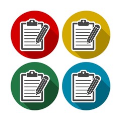 Clipboard and pencil icons set with long shadow