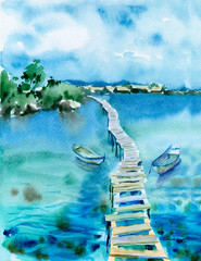 Watercolor painting. Sea landscape with blue water, boats and bridge. - 113973518