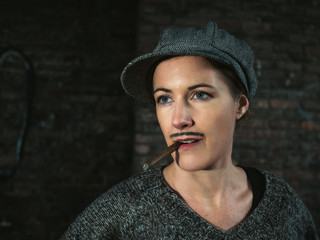 Portrait einer jungen Frau mit Zigarre, die als Mann verkleidet