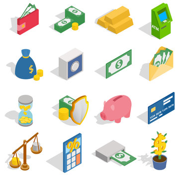 Money Icons set, isometric 3d style